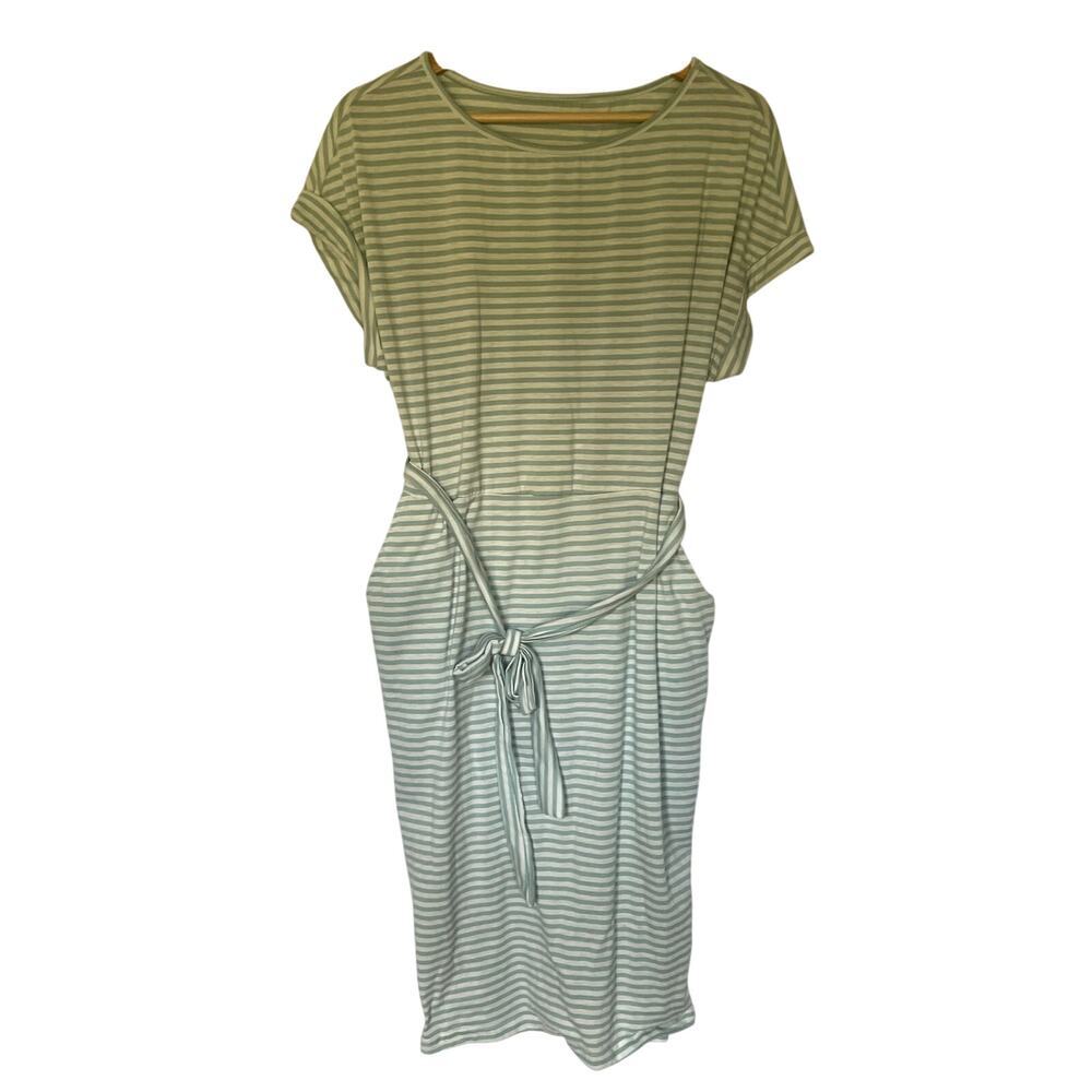 Shein green and white striped short sleeved midi dress pockets women's size L